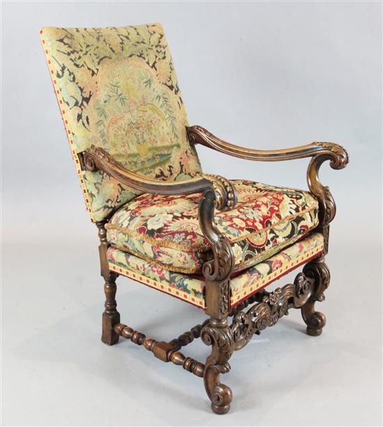 A 17th century Flemish style walnut armchair, W.2ft 3in. D.2ft 8in. H.3ft 6in.